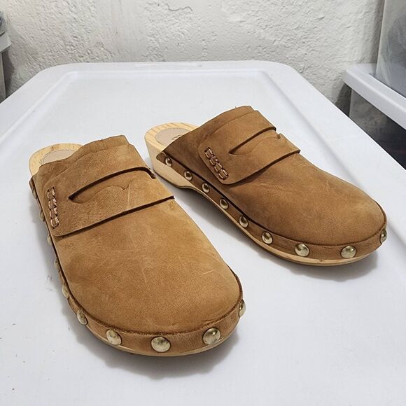 Boden Shoes - Boden Suede Penny Loafer Clogs Wooden Platform Studded Mules Womens Size 38